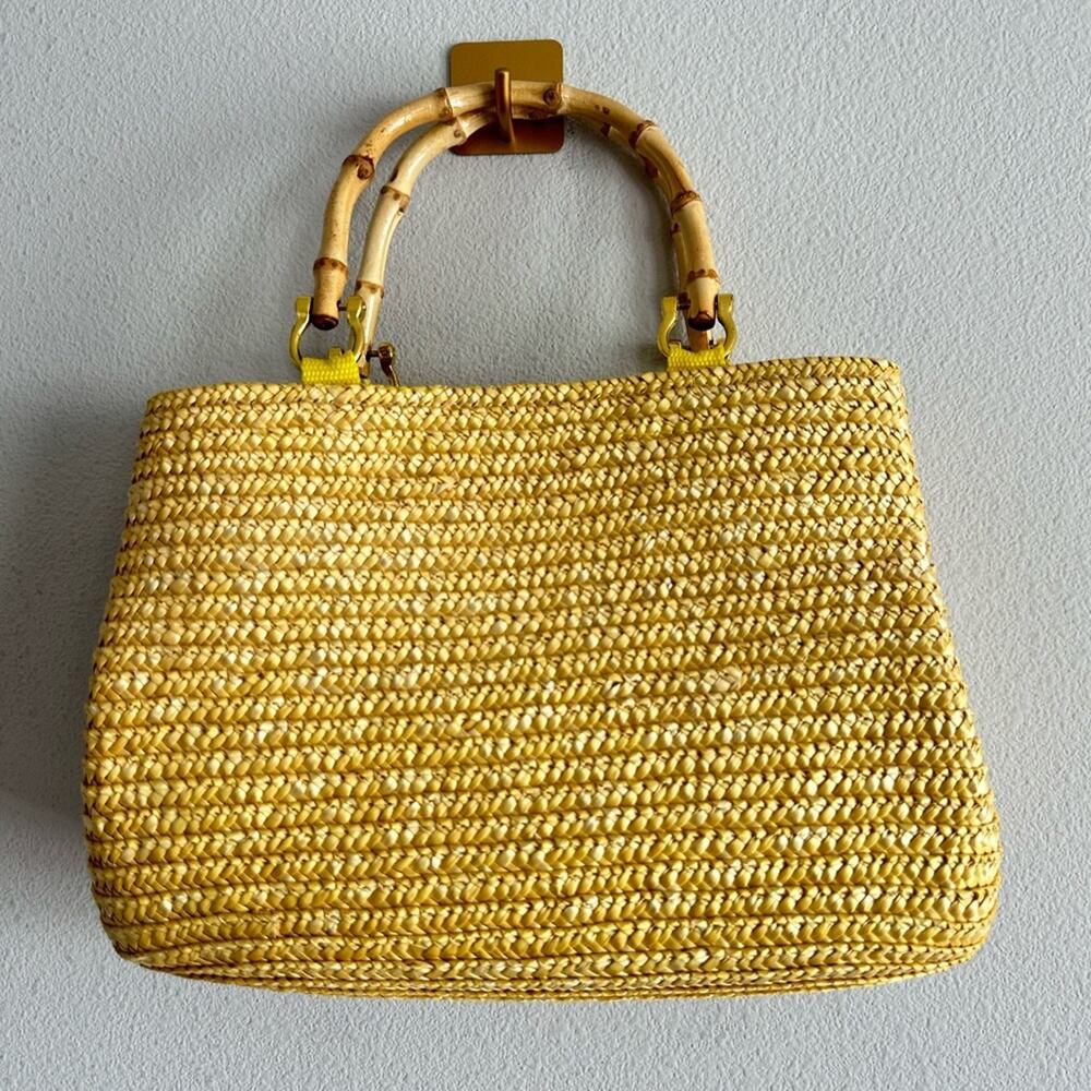 Yellow Straw Tote Bag with Bamboo Handles Polka Dot Lining Cottagecore Picnic